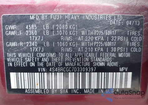 2013 Subaru Outback 2.5I Premium from USA, damaged, VIN 4S4BRCGC7D3309397